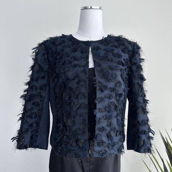 St John Evening Jacket 12 Navy Textured Fringe Cocktail Statement Luxury Blazer - Picture 1 of 13
